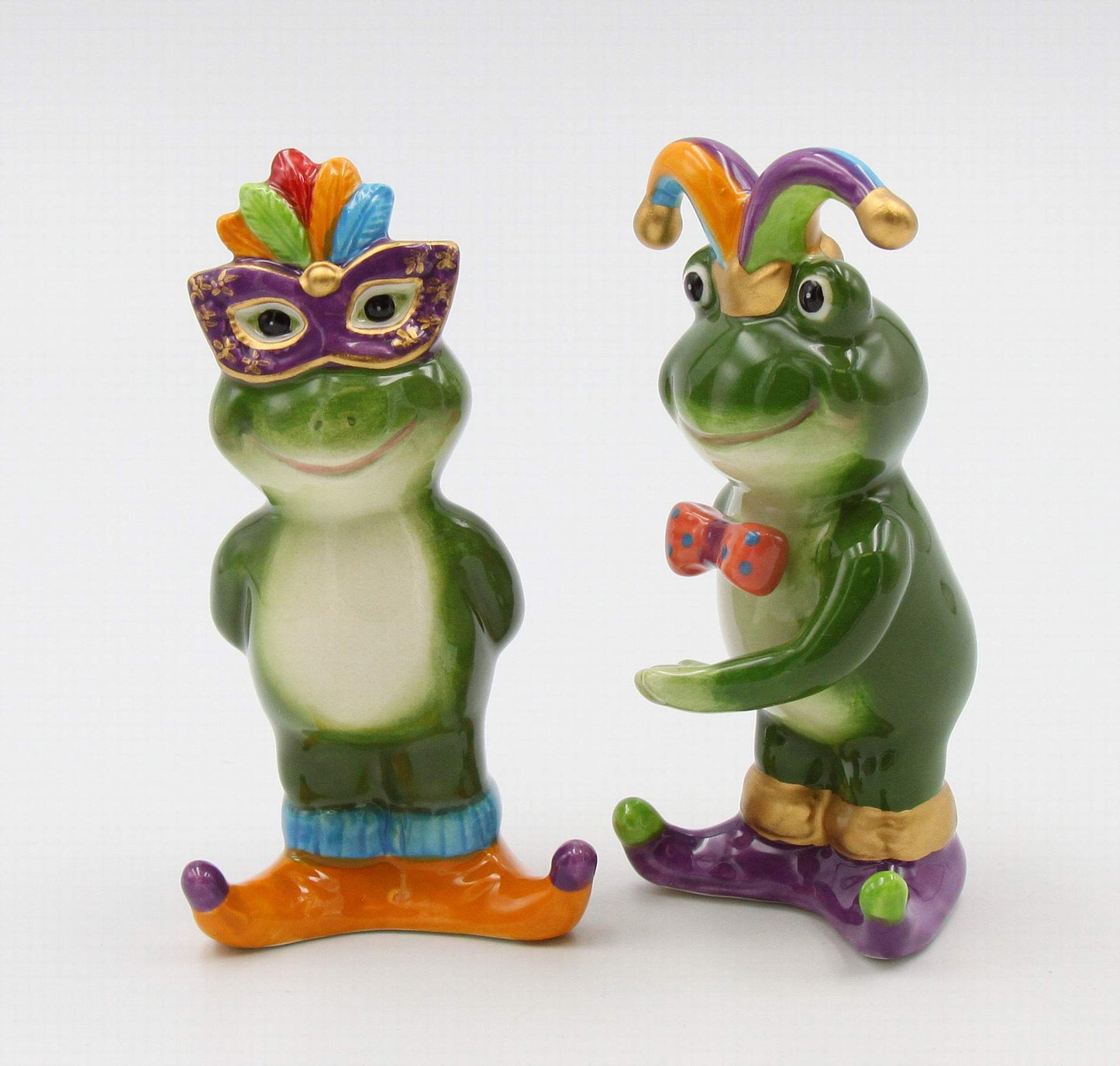 Fine Ceramic Mardi Gras Costume Frogs Couple Salt & Pepper Shakers Set, 4-7/8" H