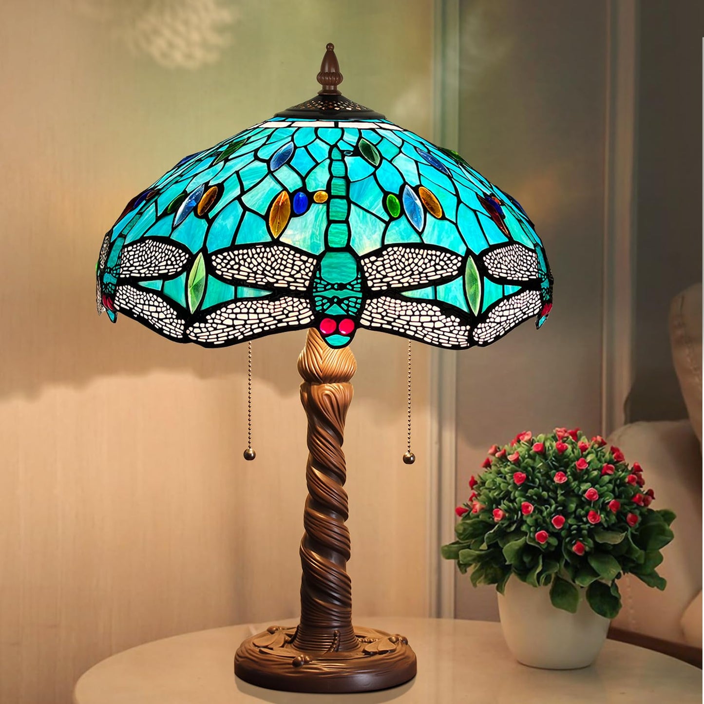 Capulina Tiffany Lamp Seagrass Dragonfly Stained Glass Table Lamp 2-Light