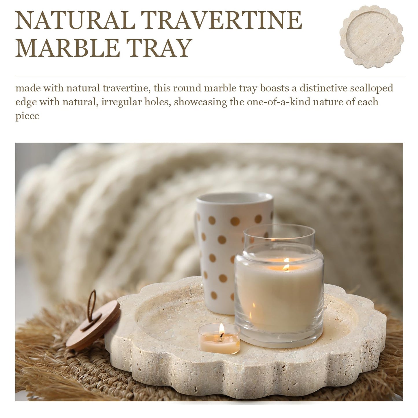 Threehoney 5.5 Inch Small Travertine Stone Tray Marble Jewelry Dish Trinket Tray for Women, Perfume, Coffee Table(Round,Scallop)