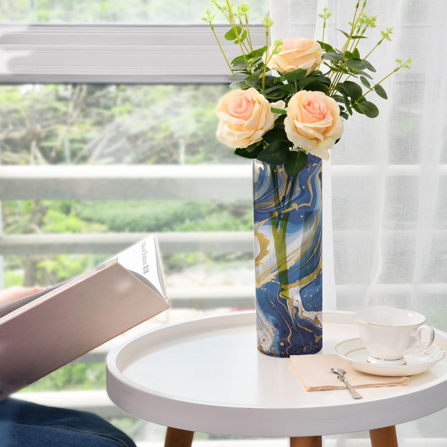 Marble Blue Gold White Plastic Vase, Creative Plastic Vase Flower Arrangement Bottle for Home Office Wedding Decor