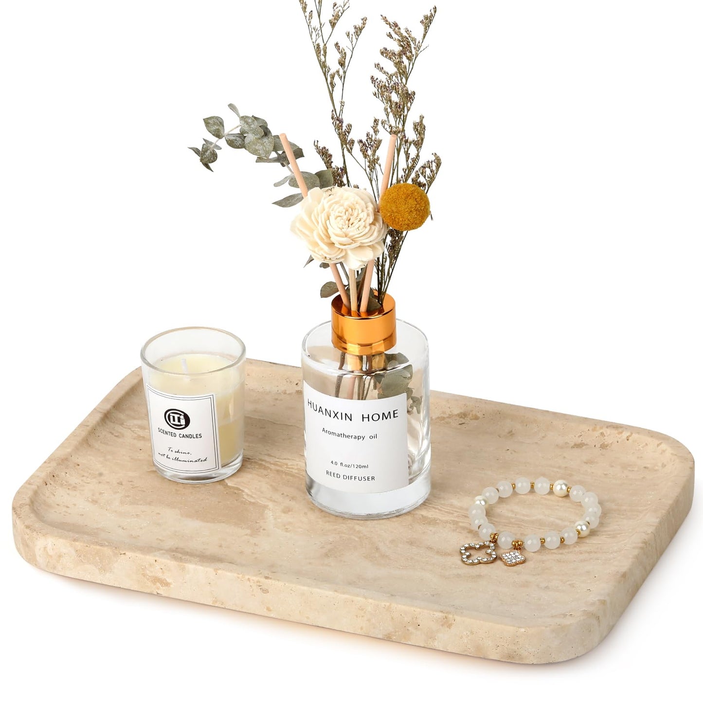Moujings Natural Travertine Vanity Tray - Decorative Stone Marble Tray for Bathroom Countertop, Elegant Organizer for Home Decor, Jewelry, Candle, Makeup, Kitchen and Dresser Decor