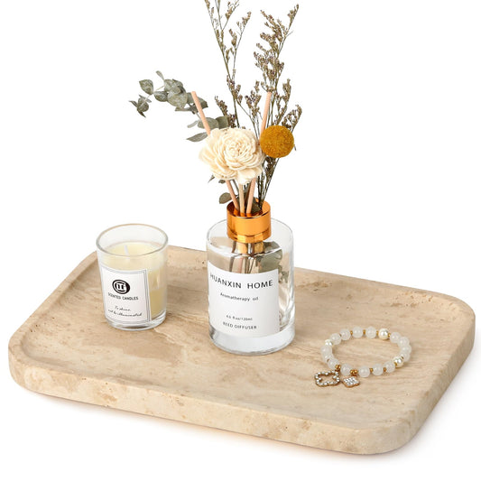 Moujings Natural Travertine Vanity Tray - Decorative Stone Marble Tray for Bathroom Countertop, Elegant Organizer for Home Decor, Jewelry, Candle, Makeup, Kitchen and Dresser Decor