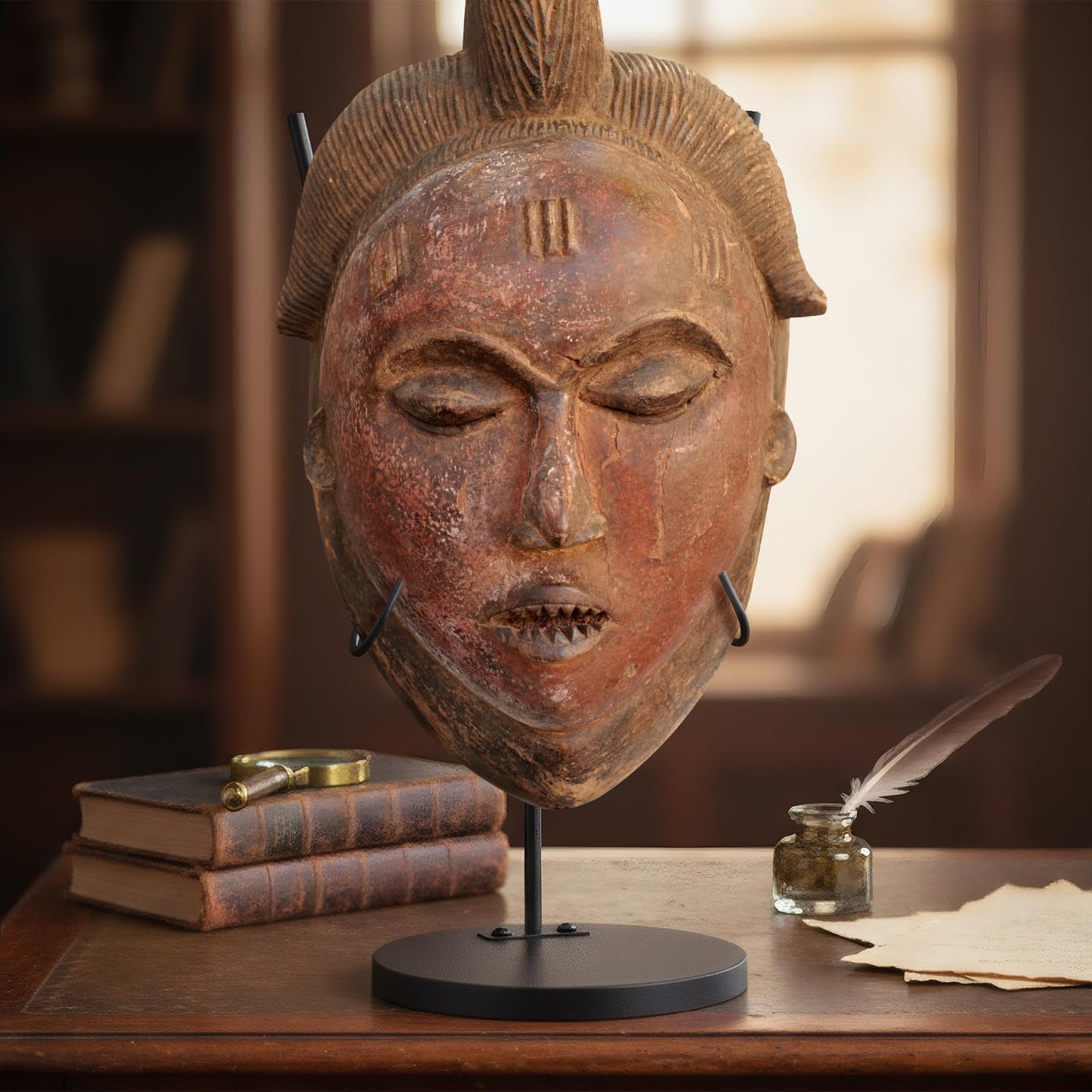 Otoolling 1 Pcs Mask Display Stand U Style Metal African Tribal Mask Holder Tall Adjustable with Detachable Base for Sculptures Artifacts Egyptian Roman Greek Pre Columbian Collectible (12 Inch Height)