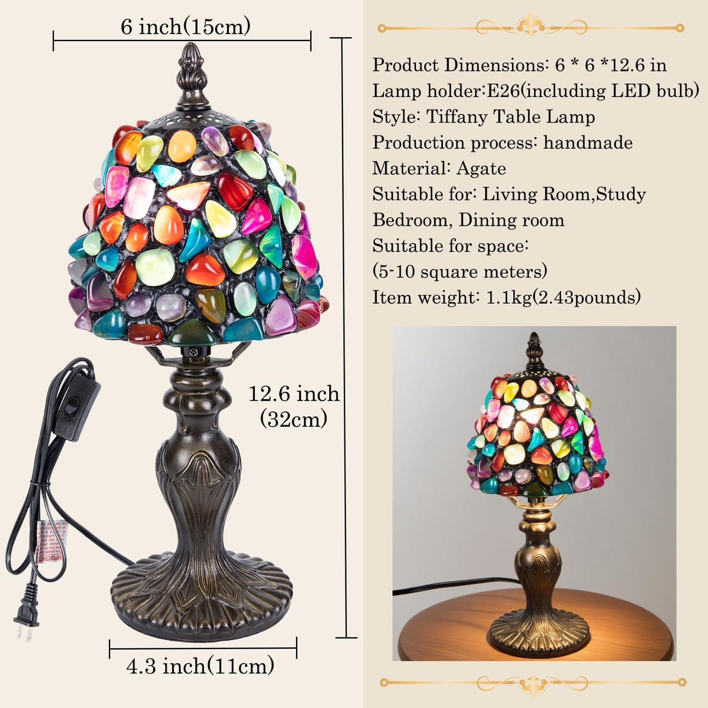 Nizrsky Small Tiffany Table Lamp, 3 Color-Temperature Agate Amber Stained Glass Lamp,6 Inch Tiffany Style Lamp for Bedroom Living Room Home, Handcrafted Light, Included Bulb