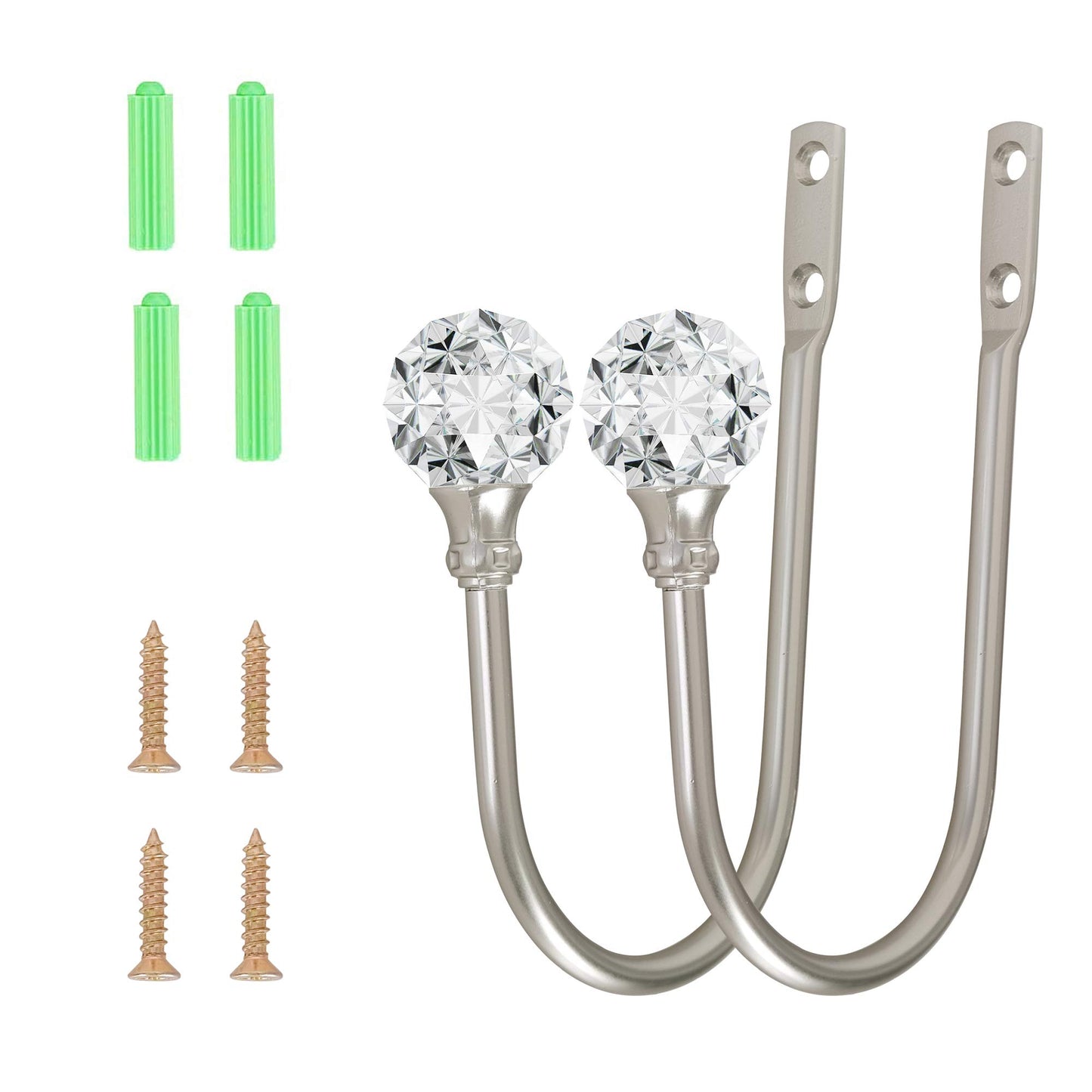 Curtain Holdback, 2pcs Wall Mounted Drapery Tiebacks with Clear Crystal Ball, Heavy Duty Metal Decorative Window Drapery Curtain Holder Curtain Hooks with Screws, Sliver