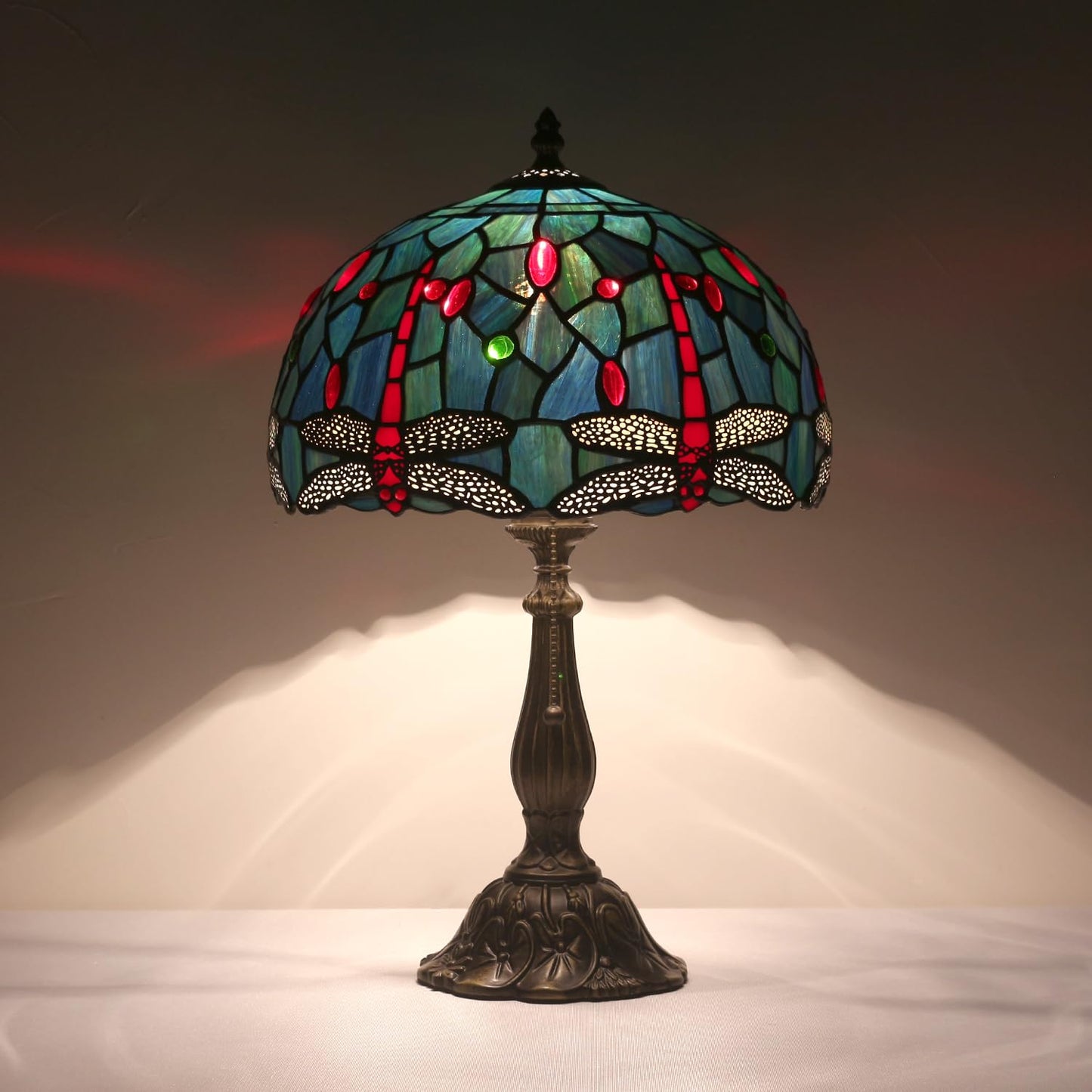 TFNALNB Tiffany Table Lamp Stained Glass Bedside Table Lamp Desk Reading Light 12 Inches Bedroom Living Room Home Office Decor Lamp（Red Dragonfly）
