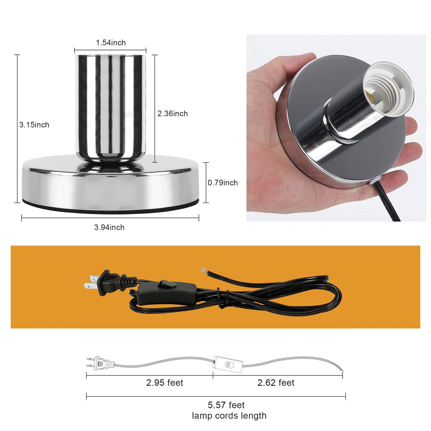 Aplstar Polished Metal Desktop Lamp Base Silver Color Solid E26/E27 Edison Screw Light Bulb Holder Base 5.57ft Cord on/Off Switch with Plug