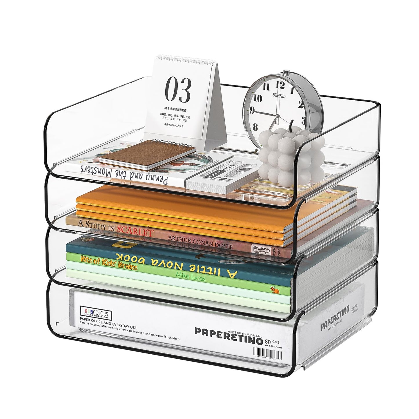 FANXIYQ 4-Tier Acrylic Paper Tray Organizer - Low-Profile Desk File Sorter for Office/Home, Clear Stackable Letter Tray for Bills, Crafts, Notebooks