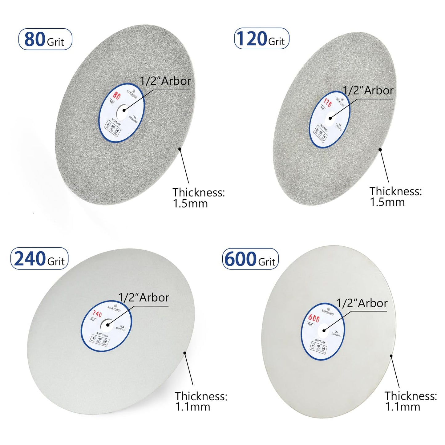 SCOTTCHEN Diamond Flat Lap Wheel 6" x 1/2" Arbor Grinding Sanding Disc Lapping Polishing Disc,80/120/240/600 Grit-4pcs