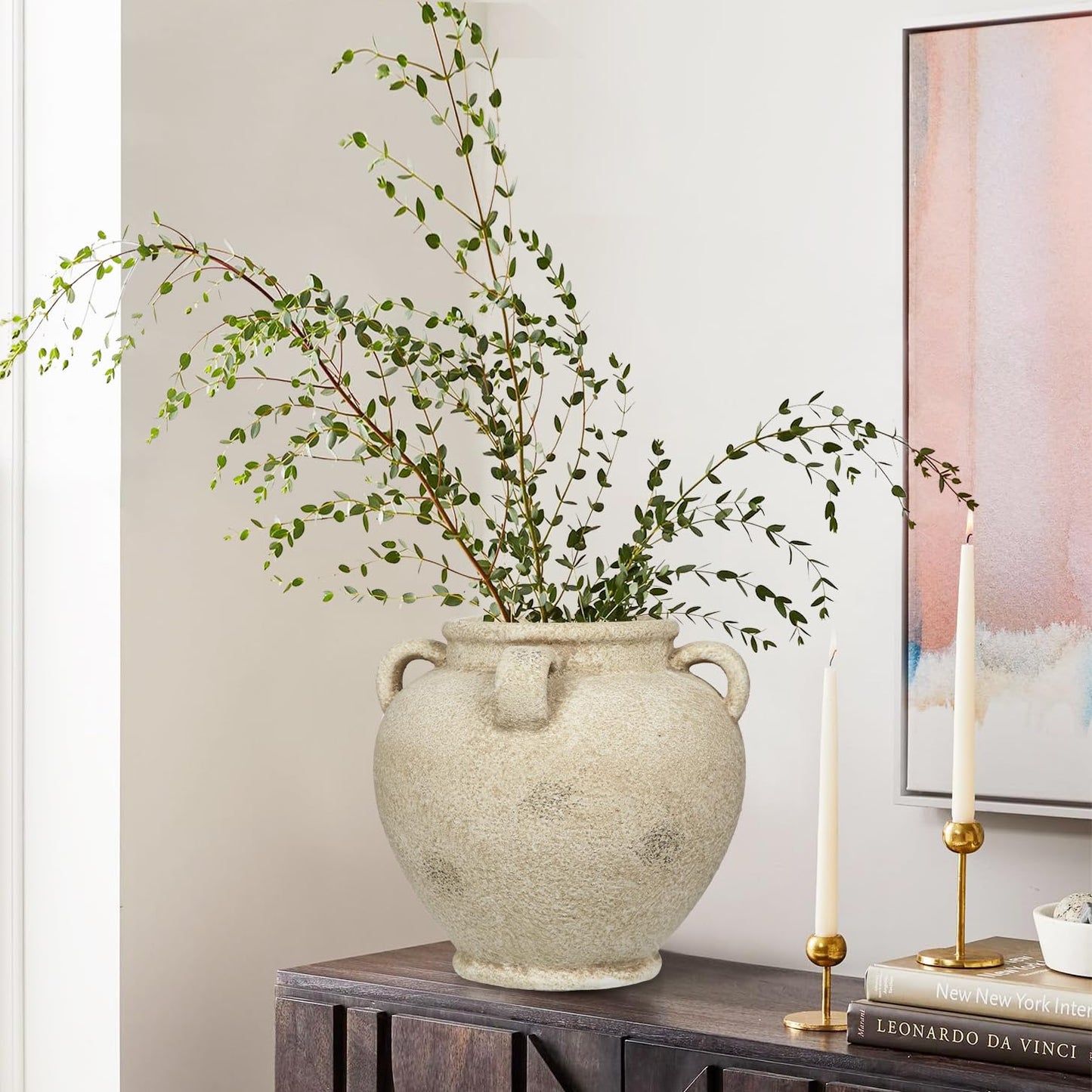 Rustic Ceramic Vase with Handles – Antique-Style Beige Farmhouse Pottery Decorative Urn for Table Centerpiece, Mantel, Shelf, or Entryway Home Décor