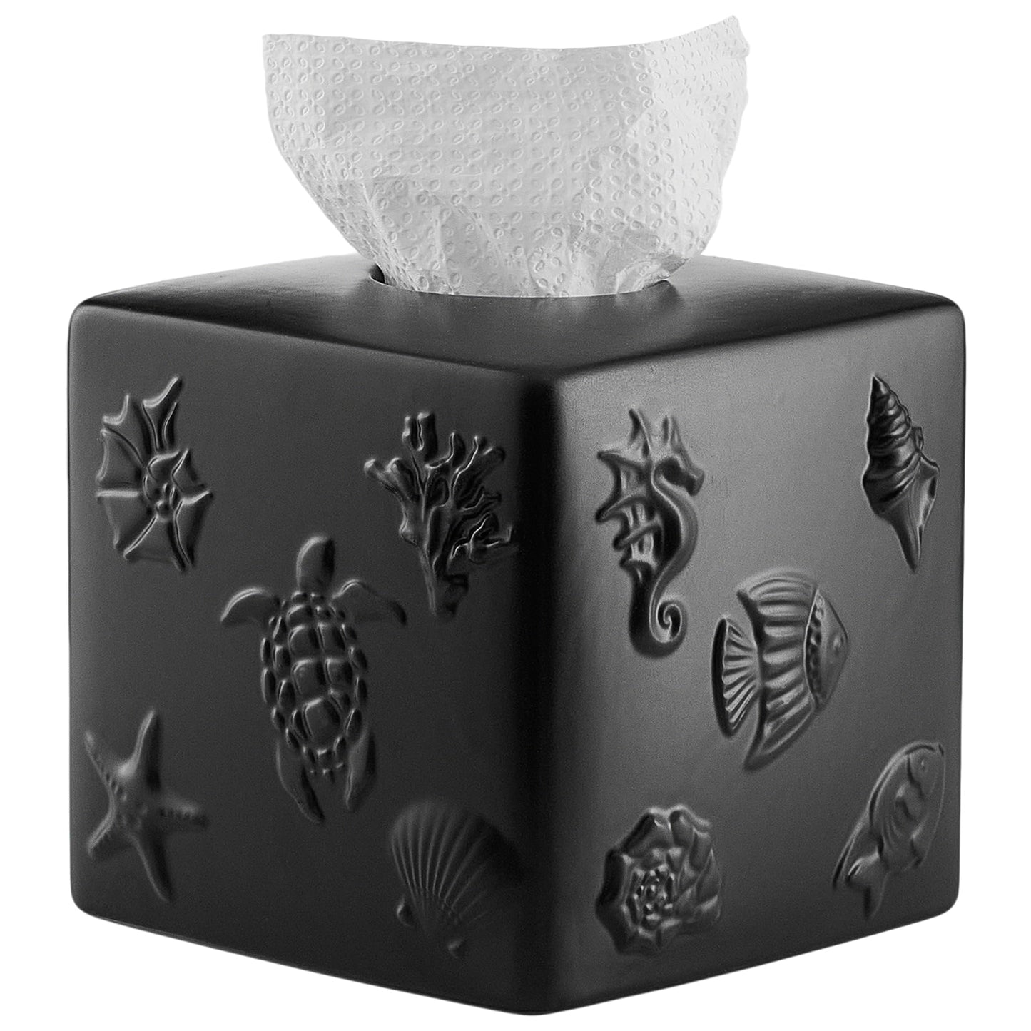 Black Ceramic Sea World Tissue Box Cover, Carved Marine Life Large Square Tissue Box Holder Decorative for Bathroom, Vanity, Kitchen Countertop, Bedroom Night Stands, Office Desk Top