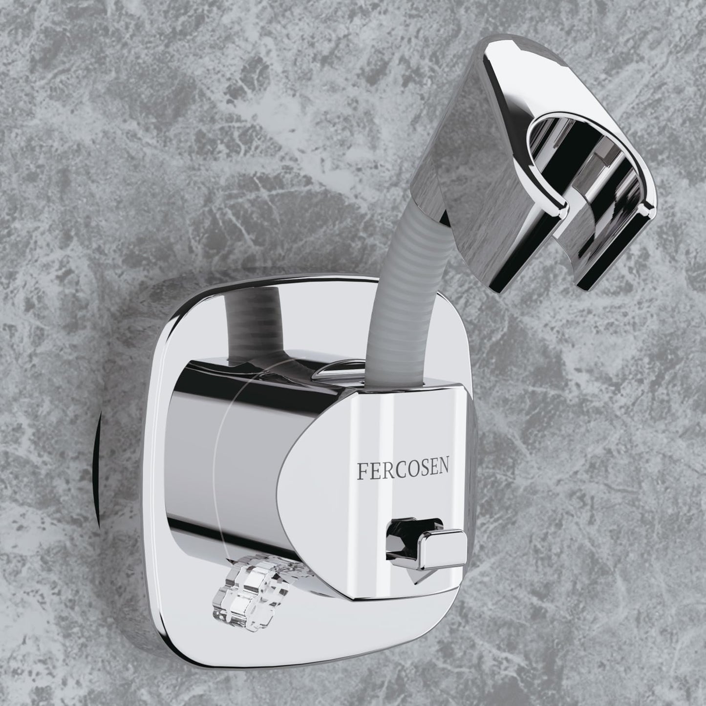 FERCOSEN 360° Swivel Shower Head Holder with Suction Cup | 10kg Load Capacity, Tool-Free Installation in Seconds | Removable and Rust-Resistant Shower Bracket with Storage Hook (Silver)