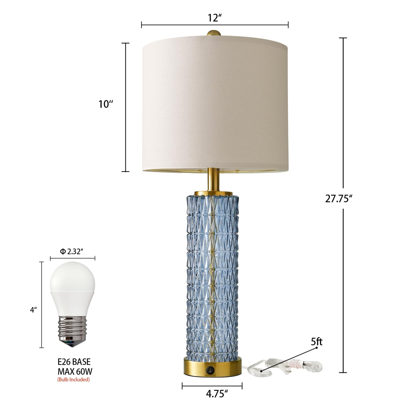 Oneach 27.75” Table Lamps Set of 2, Blue Modern Bedside Lamp with LED Night Light, USB A+C, Glass Lamps for Living Room, Bedroom, Nightstand, Office, End Table (2 Bulbs Included)