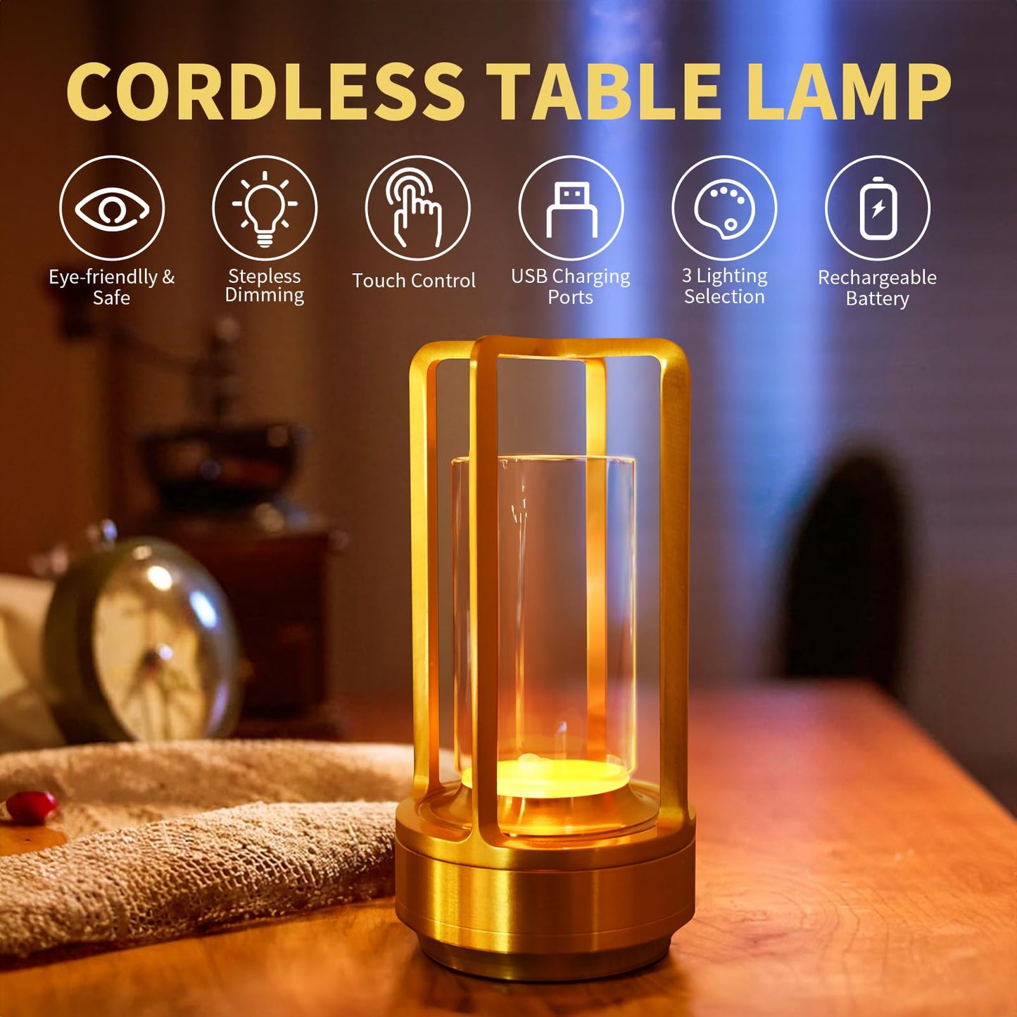 PIKAFOX Crystal Lantern lamp with Touch Dimming, Rechargeable LED Table Lamp, 3-Color Adjustable Brightness, 4200mAh Battery Powered Desk Light for Bedroom, Restaurant, Outdoor