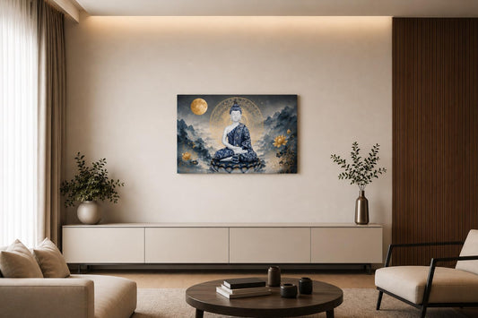 ICE ARMOR Large Blue Buddha Moon Wall Artwork 24x36 Inch Frameless Meditation Spiritual Decor for Living Room Bedroom Zen Space Canvas Ready to Hang
