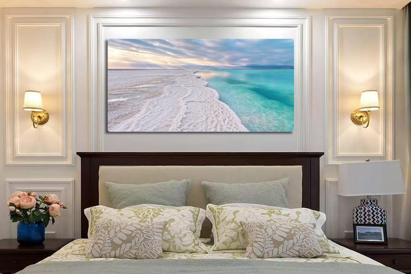 Wibinuki Canvas Wall Art Morning scenery white salt crystals beach clear wer near typical for Living Room Bedroom Bathroom Home Decor Ready to Hang 24"x12"