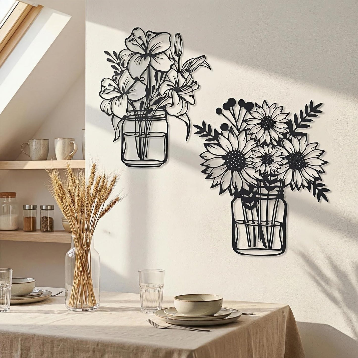 NOOYAA 2 piece of black wall decor， minimalist metal line flowers，kitchen and modern Farmhouse wall decor, indoor living room, bedroom,bathroom,children's room walls 12 * 10.4 inch