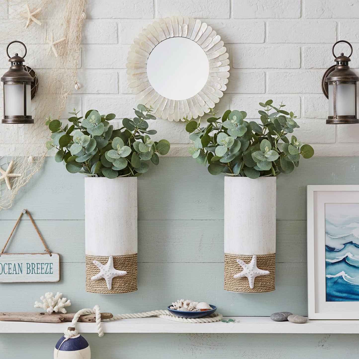 2 Pack White Metal Wall Vase,Coastal Wall Vase for Flowers(No Artificial Flowers Included), Coastal Decor Hanging Vases,Coastal Home Decor for Living Room,Entrance,Hallway,Bedroom (White Wall Vases)