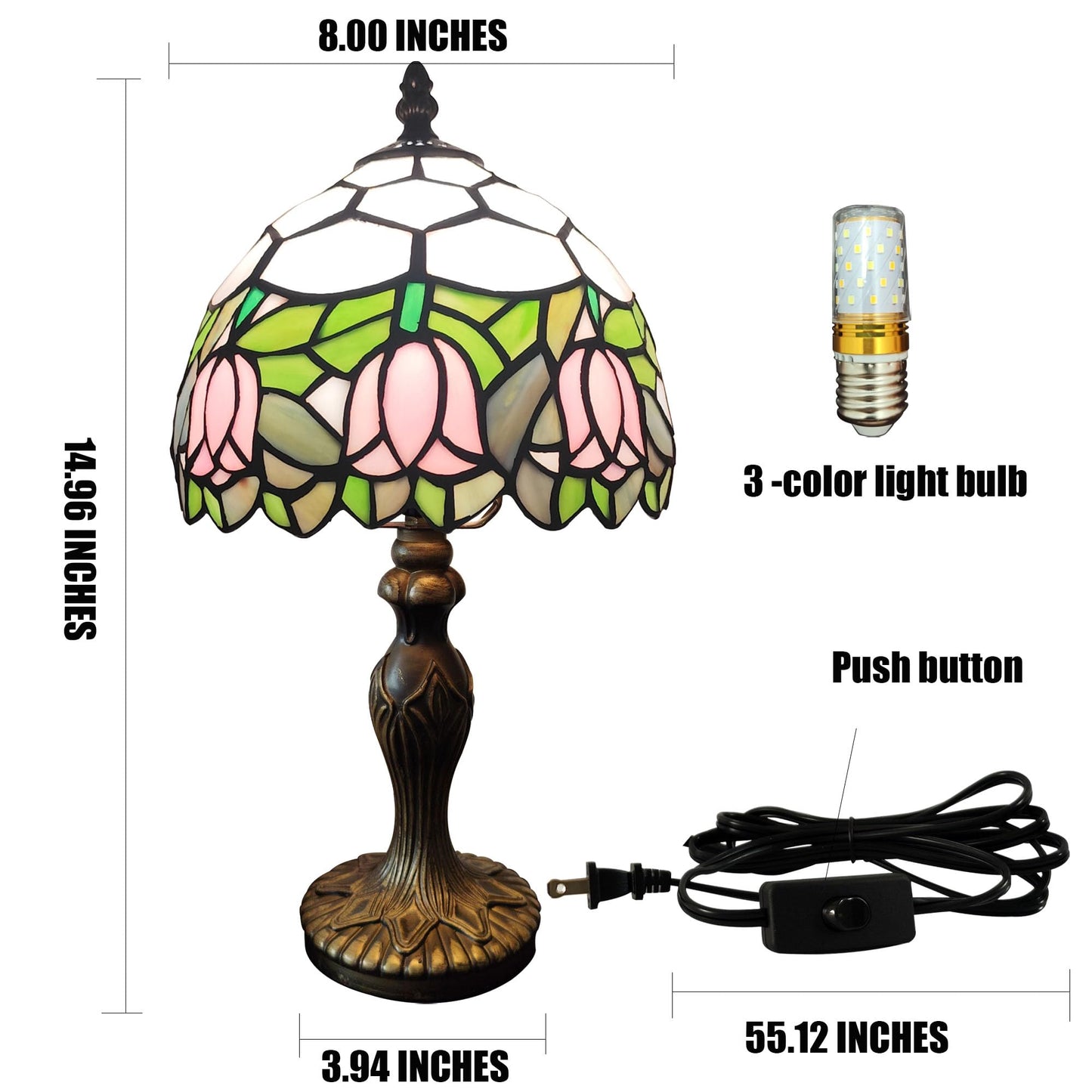 XPHMXP Tiffany Table Lamp Small Stained Glass Desk Lamp Vintage Bedside Lamp Included 3 Way LED Bulb for Home Living Room Nightstand Bedroom Office (Pink Tulip)