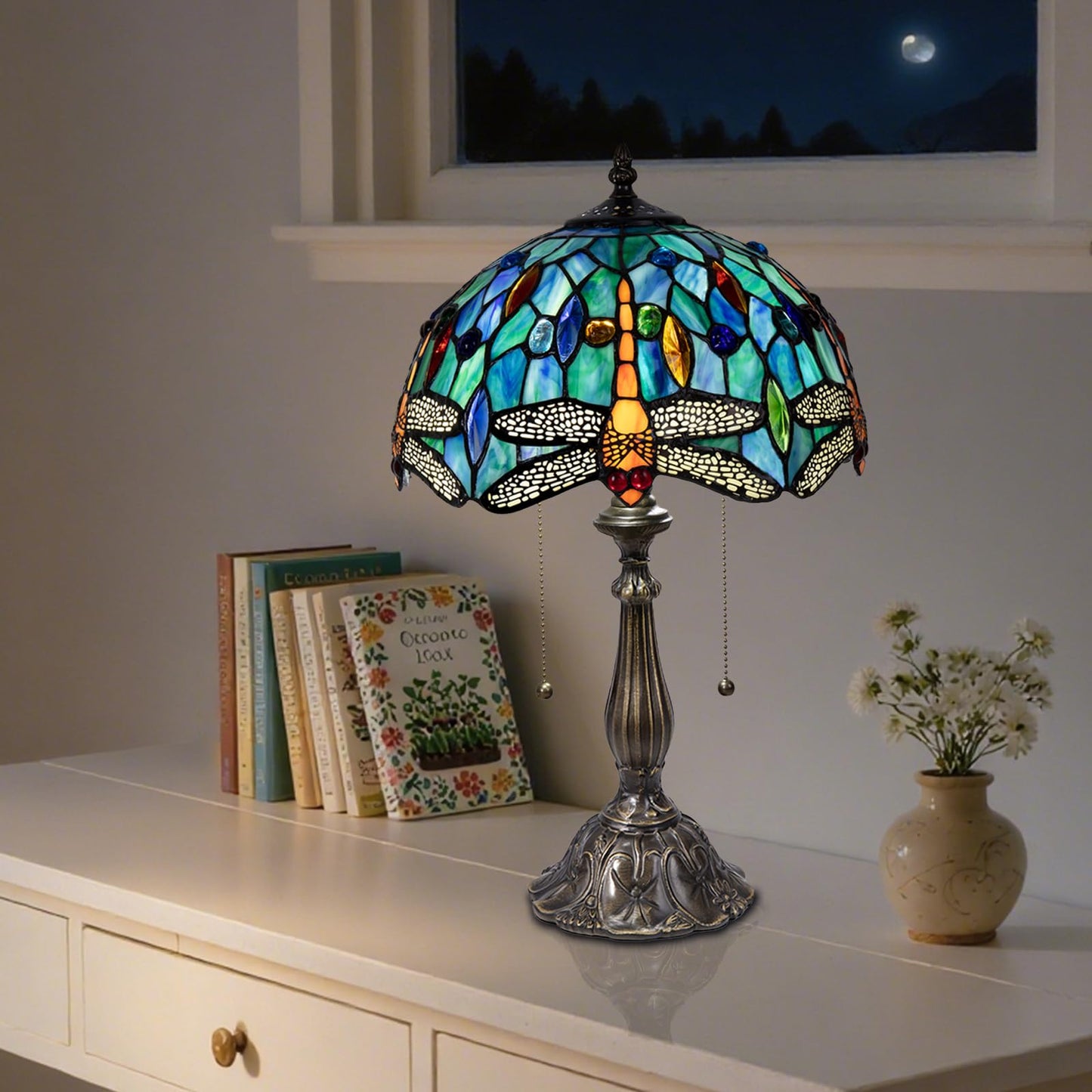 Radtiff Tiffany Table Lamp,12 inch Stained Glass Style Dragonfly Antique Reading Light for Bedside Living Room Office Decor Home,Included Two LED Bulb
