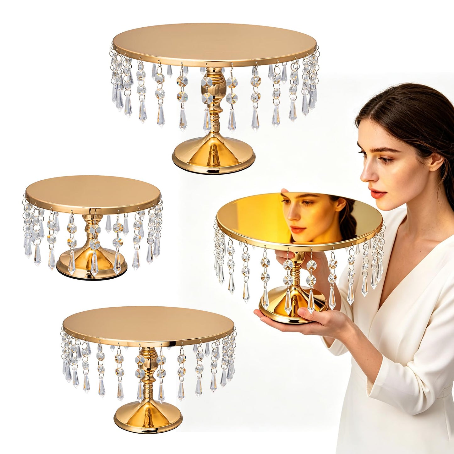 sansaieco 3 PCS Gold Cake Stand Set with Crystal Pendants - Dessert Table Display Set, Dazzling Metal Cake Holder Stand for Wedding, Party, Birthday, Baby Shower, Event Bridal Celebration