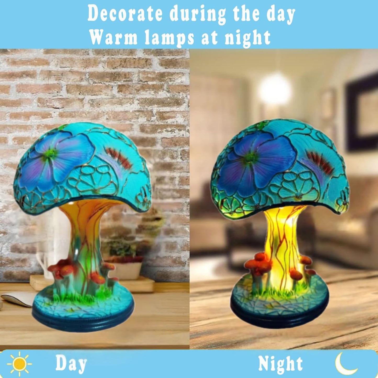 Wioilyoy Creative Glass Resin Mushroom Table Lamp, 5.9 Inch Stained Glass Mini Night Light, Bohemian Decoration for Bedroom, Living Room, Home Office - Gifts