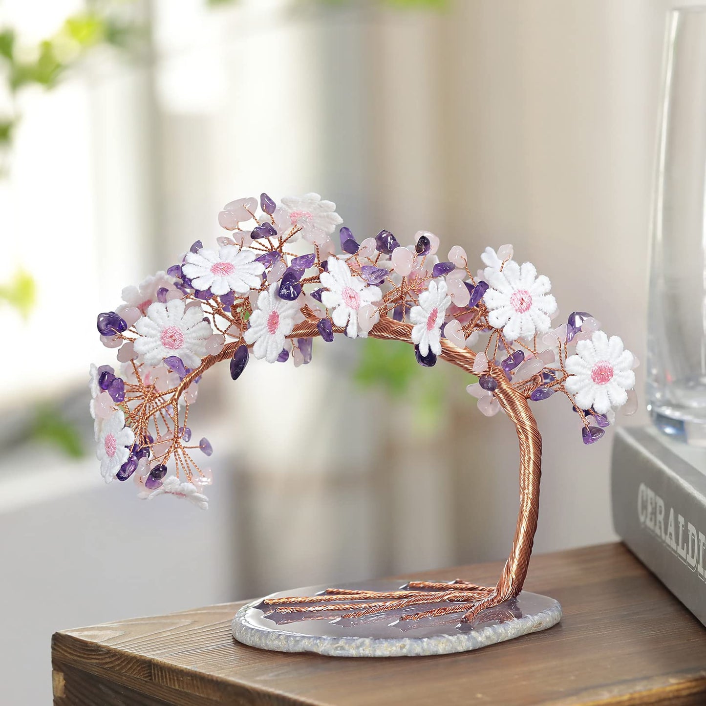 rockcloud Amethyst&Rose Quartz Money Tree Lace Flower with Agate Slice Base
