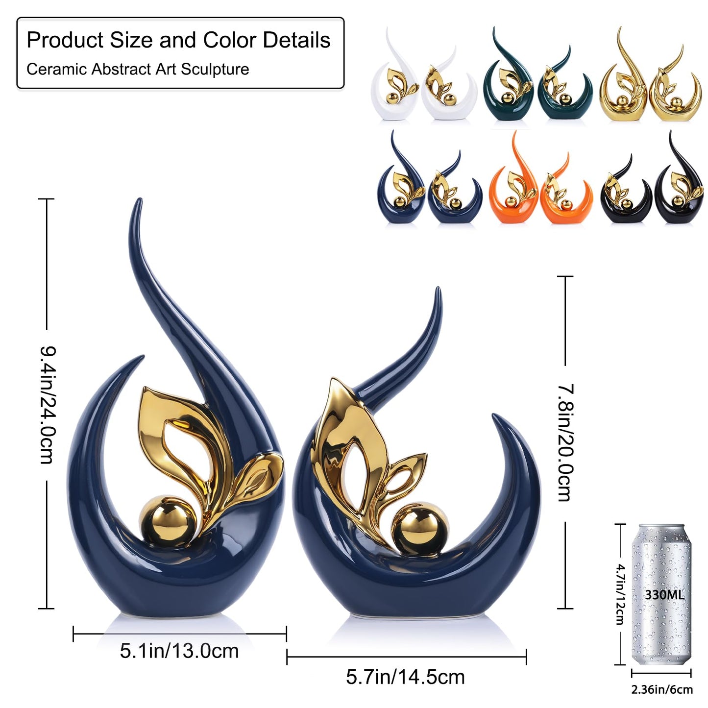 9.4" H Blue Gold Abstract Sculptures Home Decor, Ceramic Art Statue Cool Stuff to Put on Shelves&tv Stand Decor, Gold Accent Entertainment Center, for Fireplace Coffee Table Dining Table Decorate