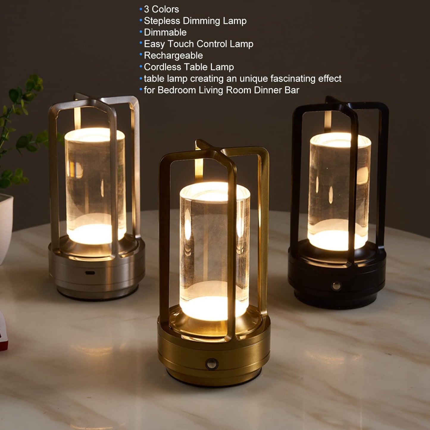 Pyhodi Table Lamp, 3 Colors Stepless Dimming LED Bedside Lamps with Touch Sensor, Portable Rechargeable Touch Lamp with Crystal Lampshade, Universal USB Charging for Bedroom,Study (Gold)