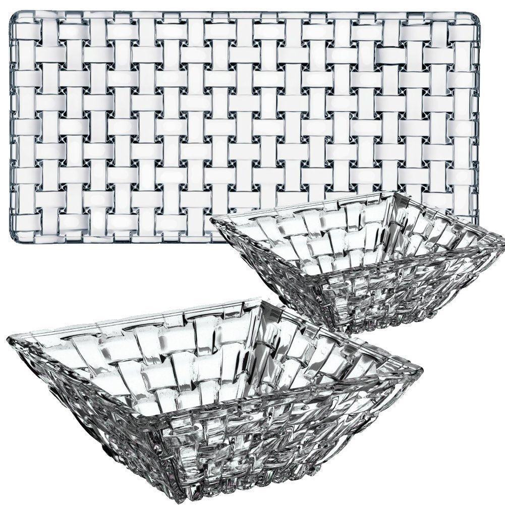 Nachtmann Bossa Nova Collections, 3 Piece Plate and Bowl Serving Set, For Dips, Smalls Salads, Nuts, Dried fruit, Crystal Clear Glass, Dishwasher Safe
