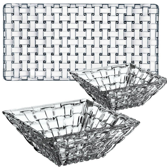 Nachtmann Bossa Nova Collections, 3 Piece Plate and Bowl Serving Set, For Dips, Smalls Salads, Nuts, Dried fruit, Crystal Clear Glass, Dishwasher Safe