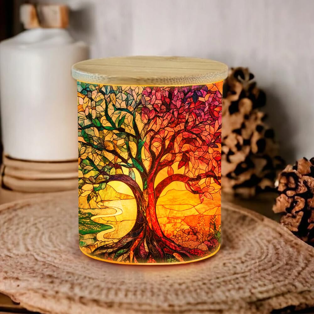 Stained Glass Tree of Life Tea Light Candle Holder with Bamboo Lid, Tree of Life Decorations Light Glass Tealight Holder, LED Candle Tealight Jar for Birthday,Wedding,Home Decor