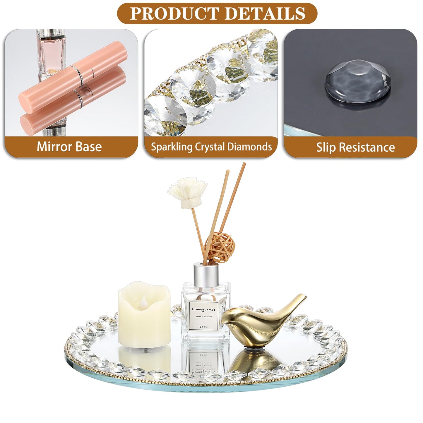 Hipiwe Mirror Glass Vanity Tray Sparkling Crystal Perfume Tray Round Decorative Tray Gorgeous Makeup Organizer Tray Jewelry Trinket Tray for Bathroom Dresser Table, 10.6 inch