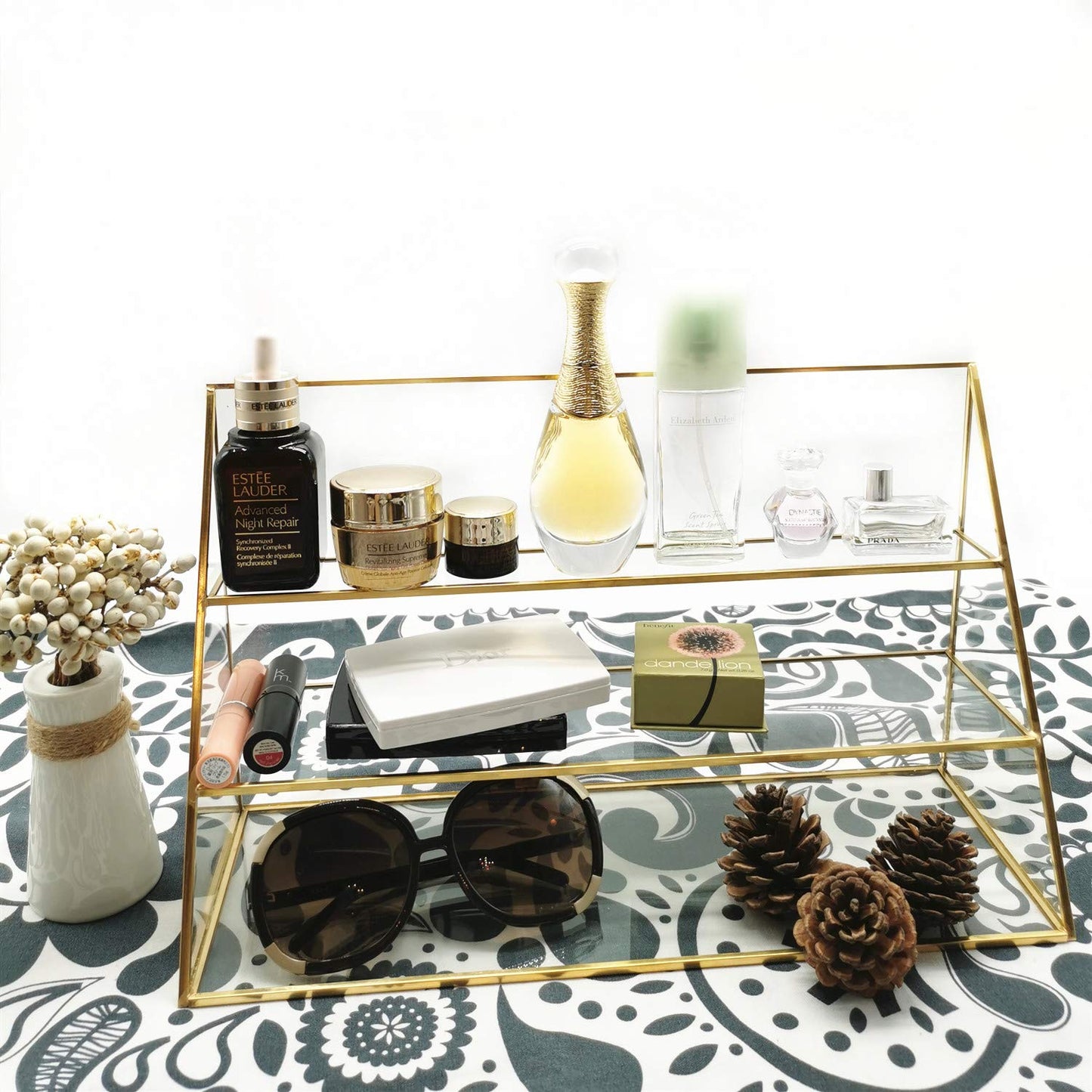 Yamfurvo 3-Tier Glass Triangular Prism Shaped Home or Retail Display Showcases, Jewelry Display Stands with Vintage Style Brass Tone Metal Frame (Large)