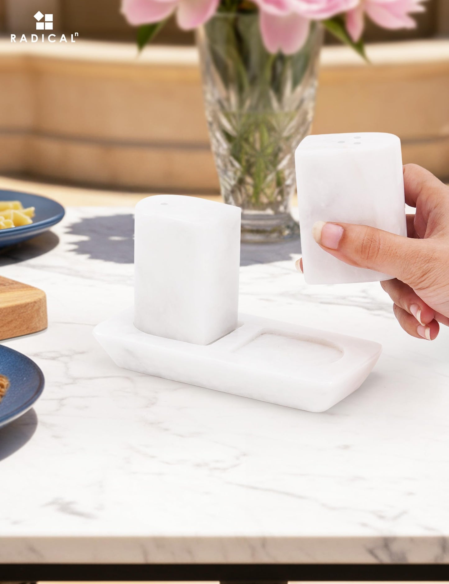 Radicaln Marble Salt and Pepper Shakers 2.5" White Handcrafted Stone Saleros Spice Set for Kitchen Counter, Pink Salt Holder, Farmhouse Kitchen Table Decor, Elegant Home Essentials