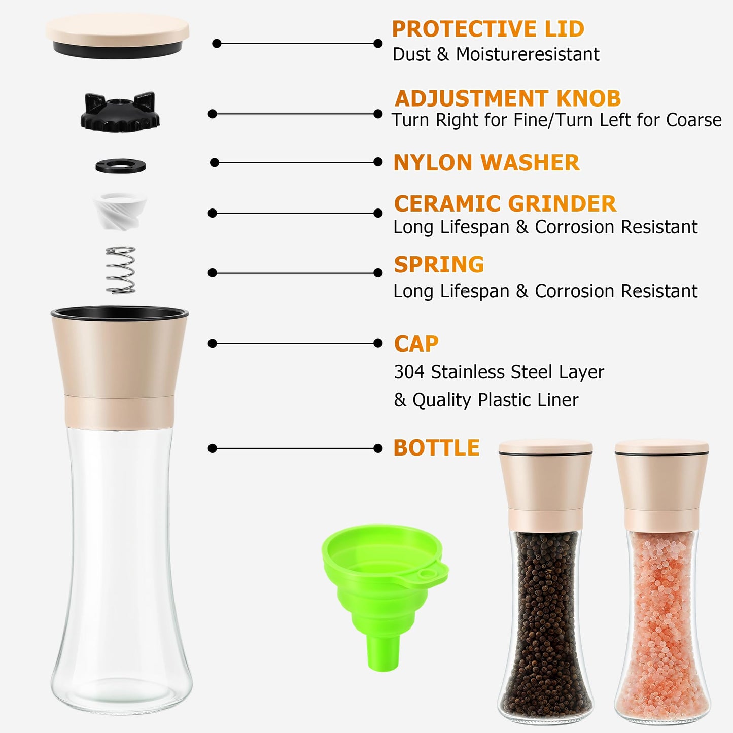 R DRURLCD Beige Salt and Pepper Grinder Set of 2，Refillable Adjustable Coarseness Stainless Steel, Pepper Mills W/Funnel- Kitchen Spice Mill
