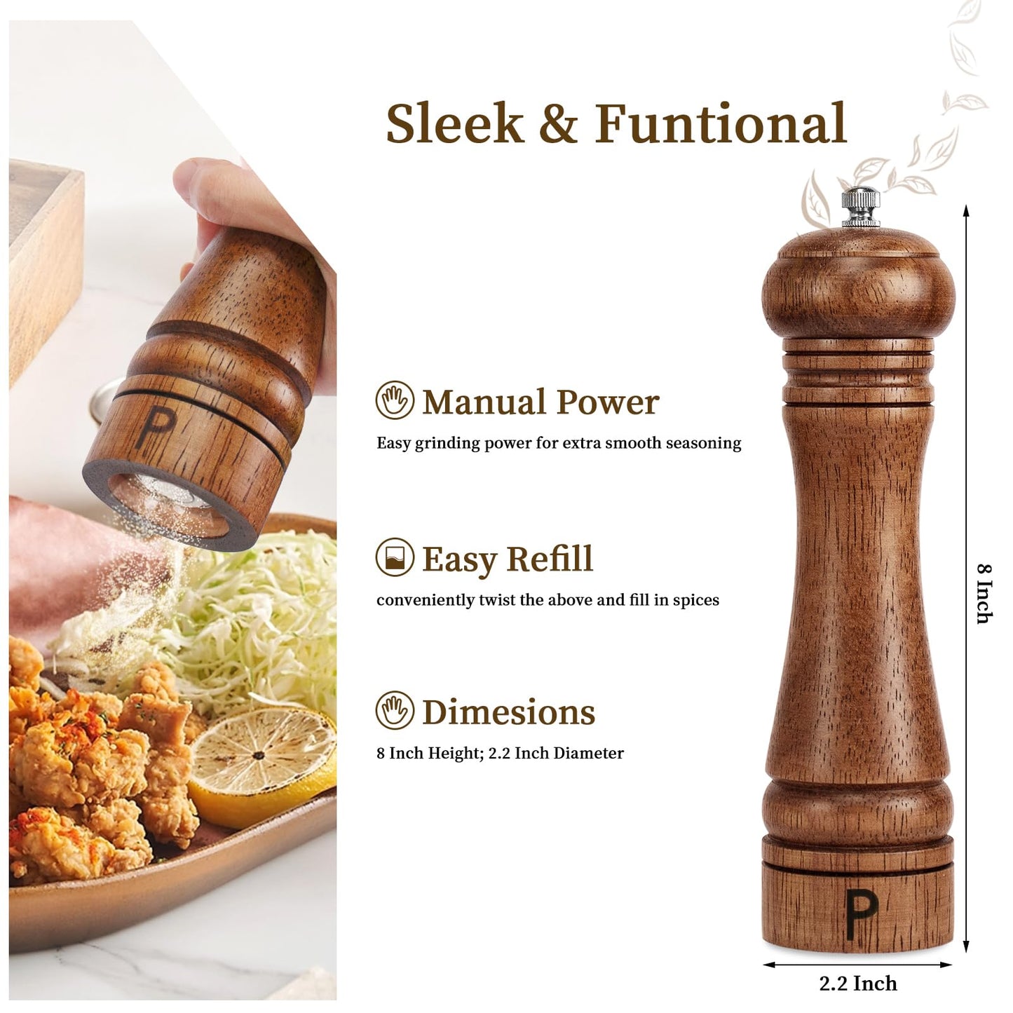 Haomacro Wooden Salt and Pepper Grinder Set Refillable Salt & Pepper Mills Adjust for Coarseness, Crafted of Solid Oak Wood with Ceramic Stainless Steel Core, 8 Inches - 2 Packs