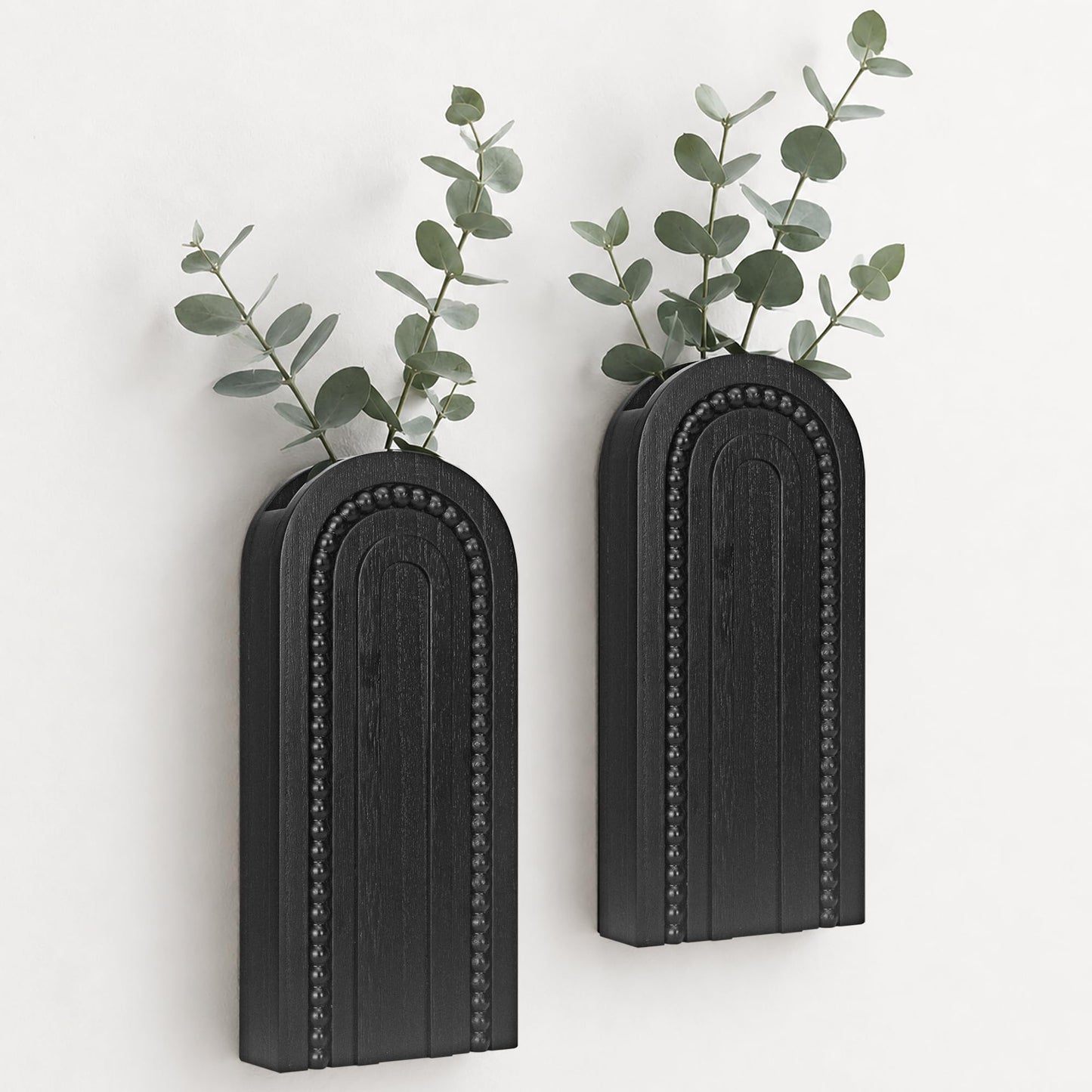 2 Pack Black Wooden Wall Vase Set, Beaded Arch Boho Hanging Wall Planters