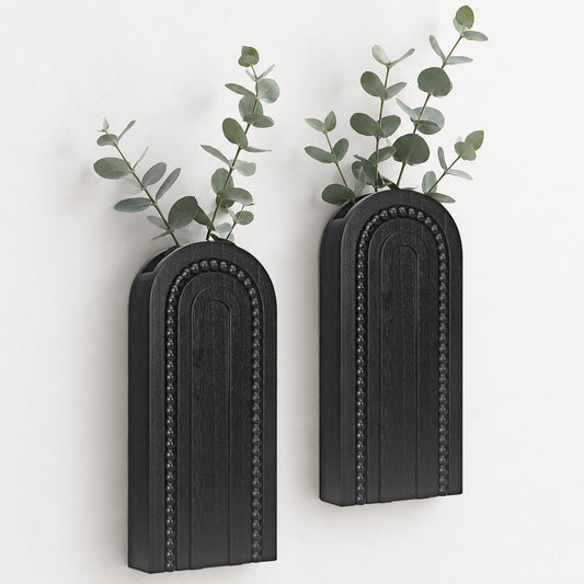 2 Pack Black Wooden Wall Vase Set, Beaded Arch Boho Hanging Wall Planters
