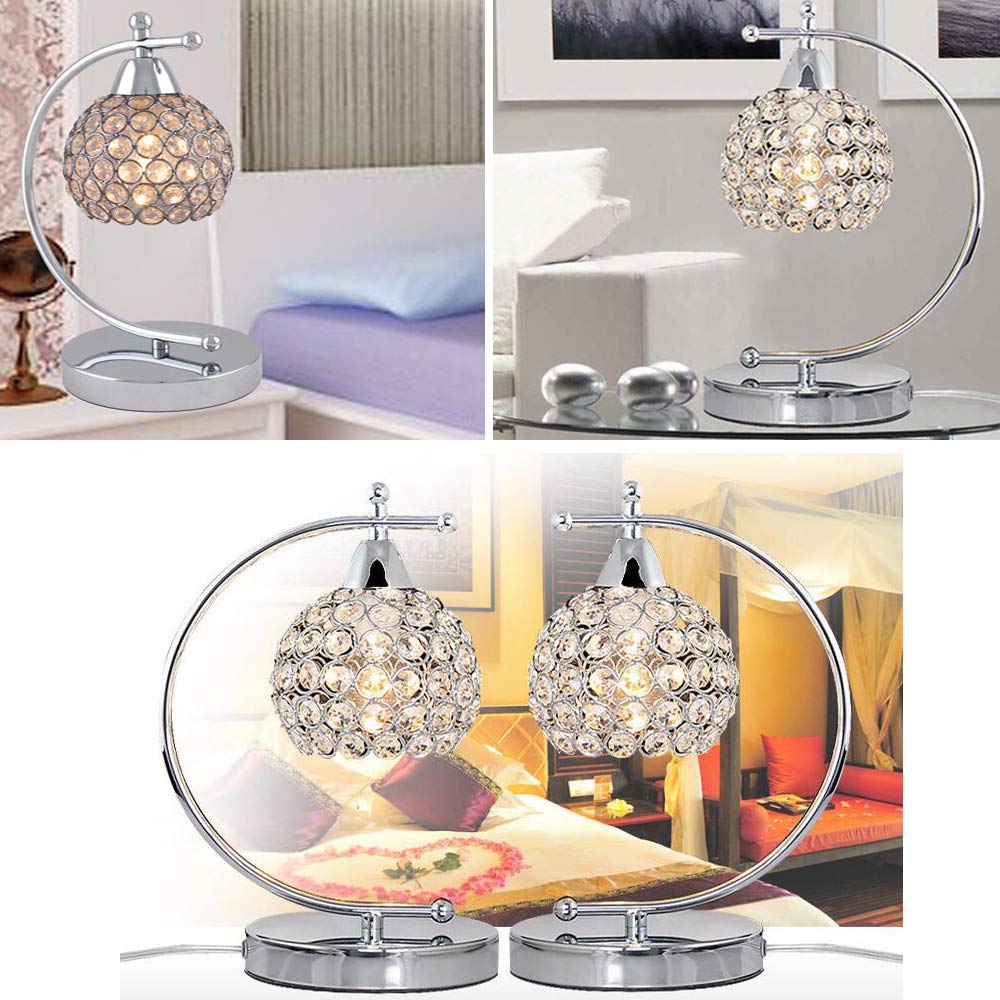 Onerbuy Modern Crystal Table Lamp Plug in Bedside Lamp Chrome Silver Nightstand Desk Lamp E27 with On/Off Switch in Line for Bedroom, Living Room, Office, Dining Room, Hotel(CrystalTableLamp)