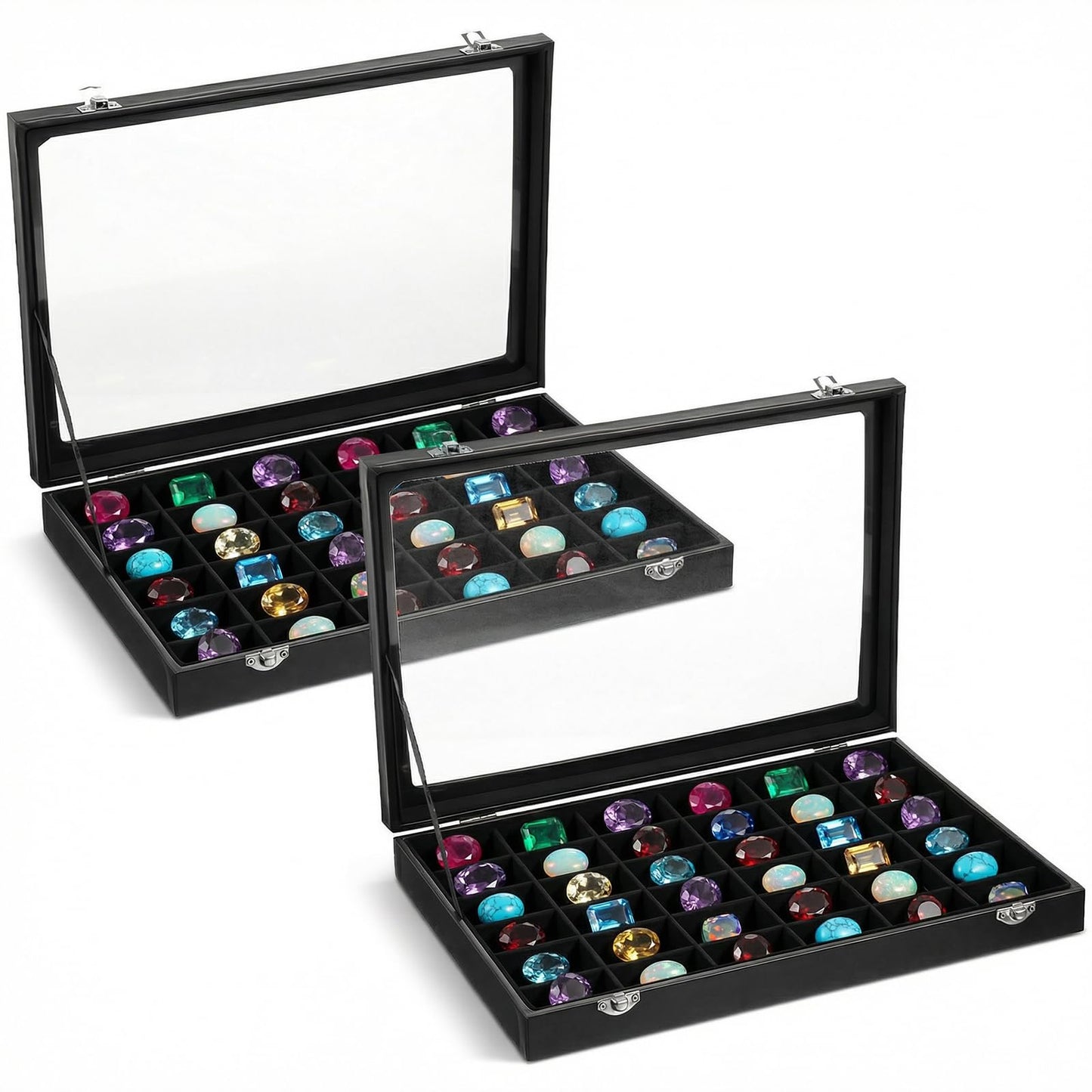 Leooomap 2 Pack 36 Grid Crystal Display Case, Rock Collection Display Case with Clear Lid & Velvet Grids - Black PU Leather Rock Storage Box for Gemstones, Minerals, Collectibles