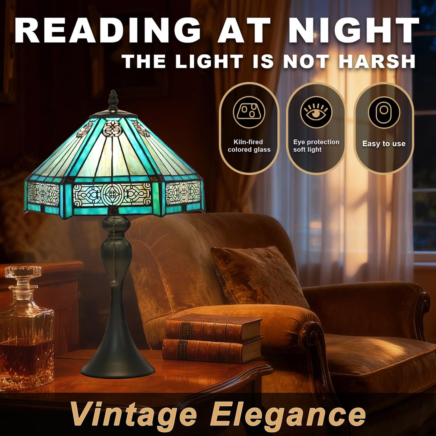 TFNALNB Tiffany Style Table Lamp, Stained Glass Lamp, 12x12x19 Inch, Vintage Metal Base Desk Light,（Green）