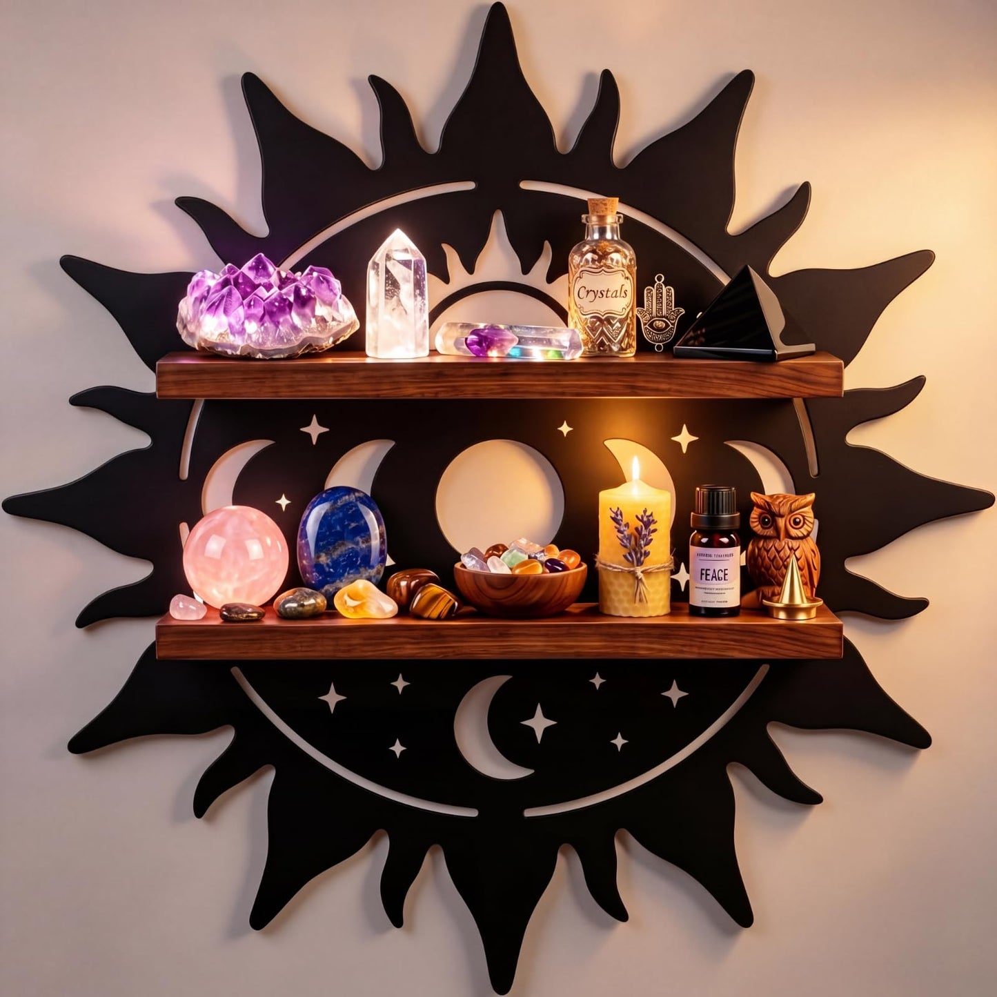Moxweyeni Crystal Display Shelf for Wall, 11.8 Inch Sun Shape Floating Wooden Shelf with Iron Backing, Boho Wall Hanging Decor Organizer for Crystals, Stones, Gems, Home