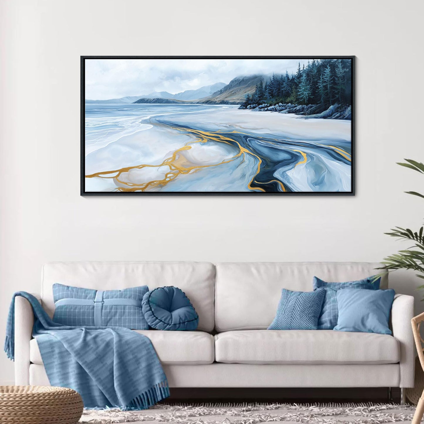Blue and Gold Abstract Wall Art - Ocean Beach Pictures for Living Room Coastal Bedroom Paintings for Wall Decor Framed Landscape Artwork for Walls large Modern Decoration 24×48IN