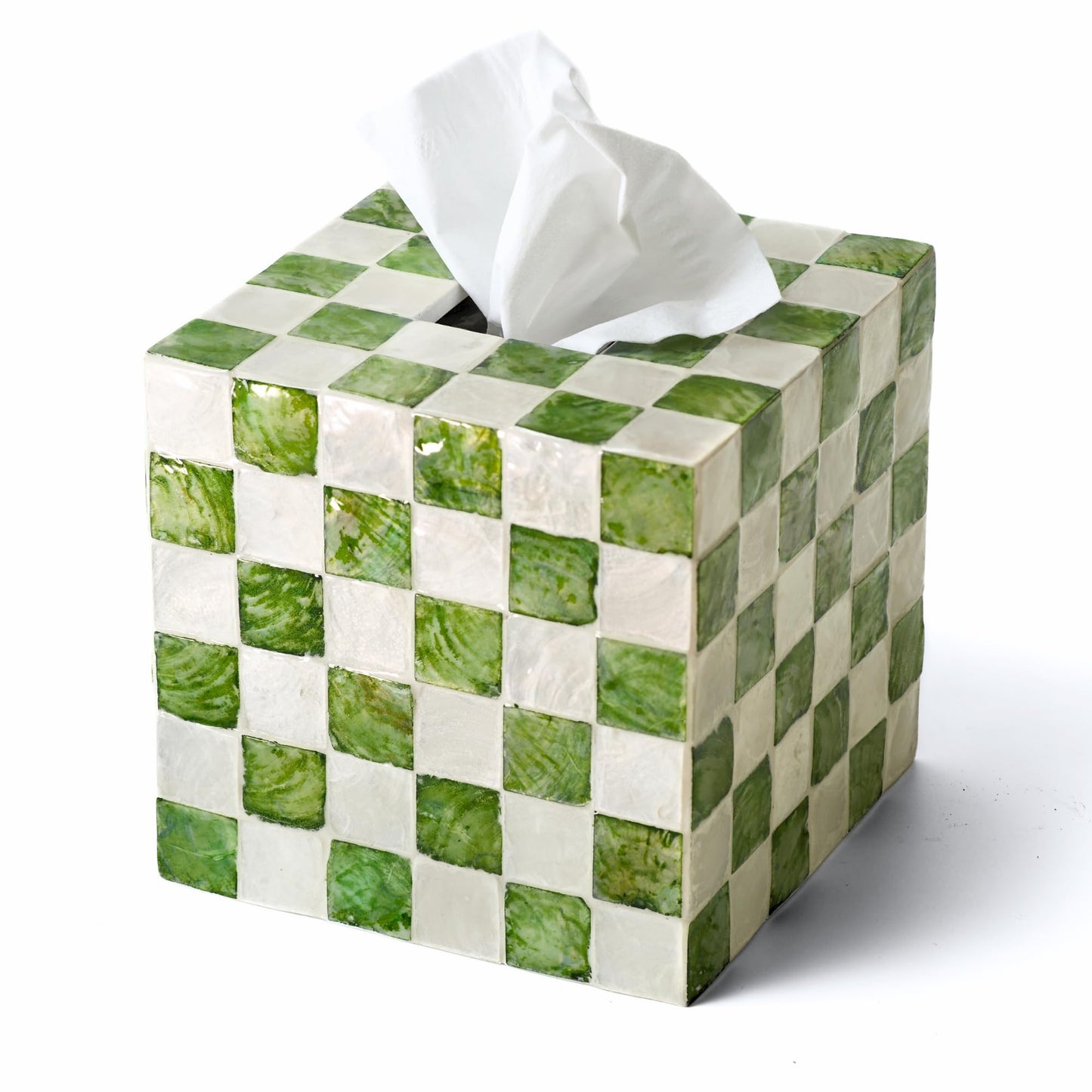 CHI AN HOME 5.5" Square Tissue Box Cover, Handmade Checkered Cube Tissue Box Cover with Capiz Shells, Decorative Tissue Holder for Living Room, Bathroom, Bedroom or Office (Pistachio Green)