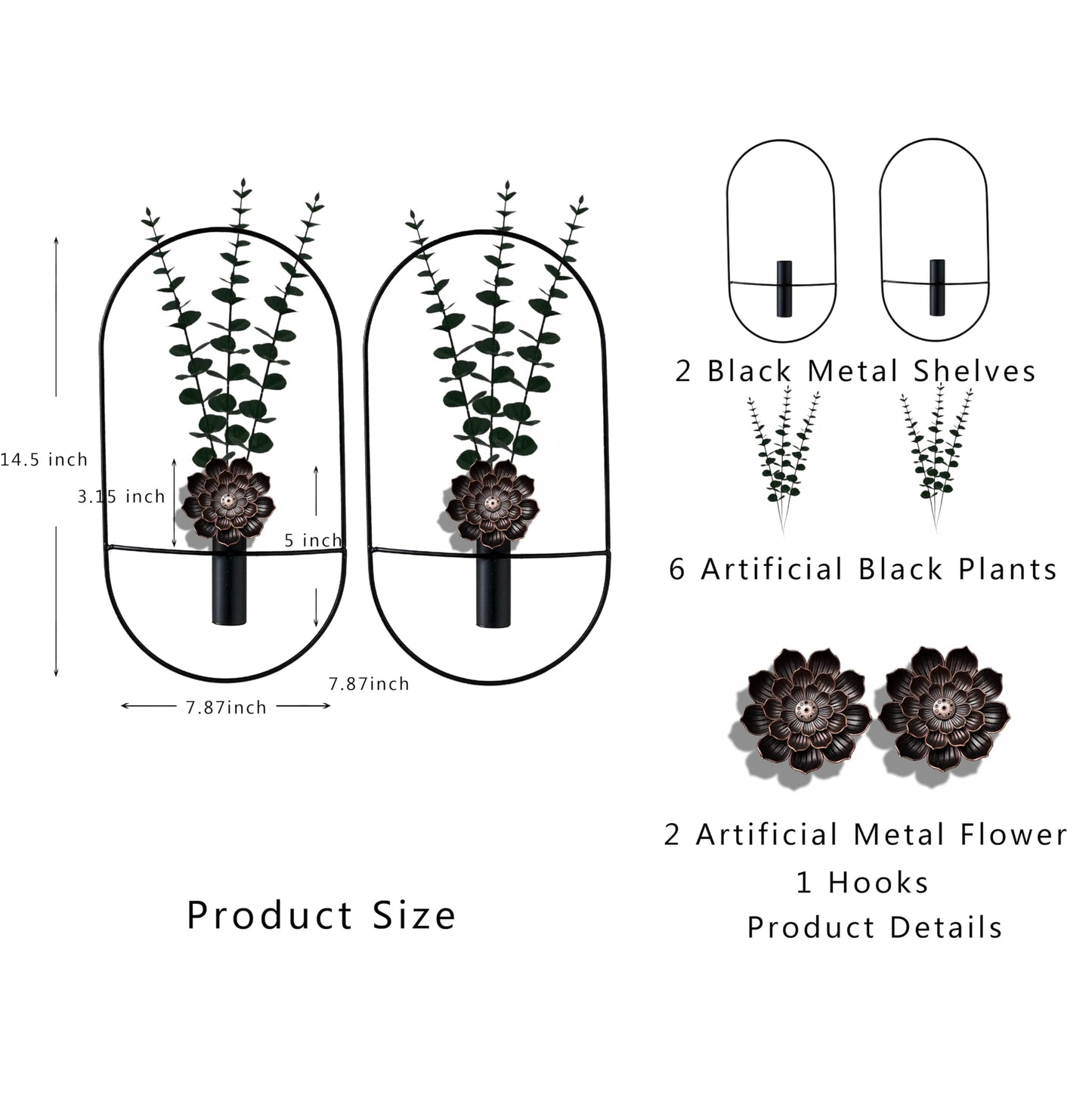 M-dazzling 2 Black Metal Flowers Plants Decor, Boho Wall Art, Hanging Artificial Plants Display for Living Room, Bedroom, Bathroom, Dining Room, Wall-Mounted Decor