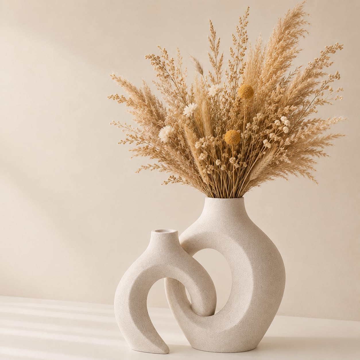 Betiura Ceramic Donut Vase Set of 2, Beige Hollow Decorative Flower Vase, Modern Nordic Boho Home Decor for Living Room, Coffee Table, Shelf, Entryway Table, Centerpiece