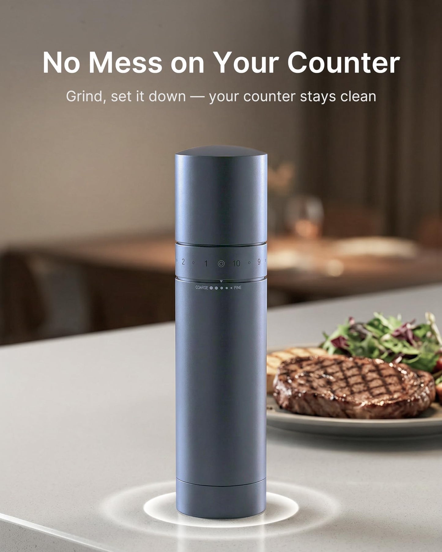 Manual Pepper Grinder with External Adjustment — All-Metal Pepper Mill with 1-Second Precision Grind Control, Smooth Fast Grinding, No-Mess Magnetic Base, Stainless Steel Burr (Deep Gray)