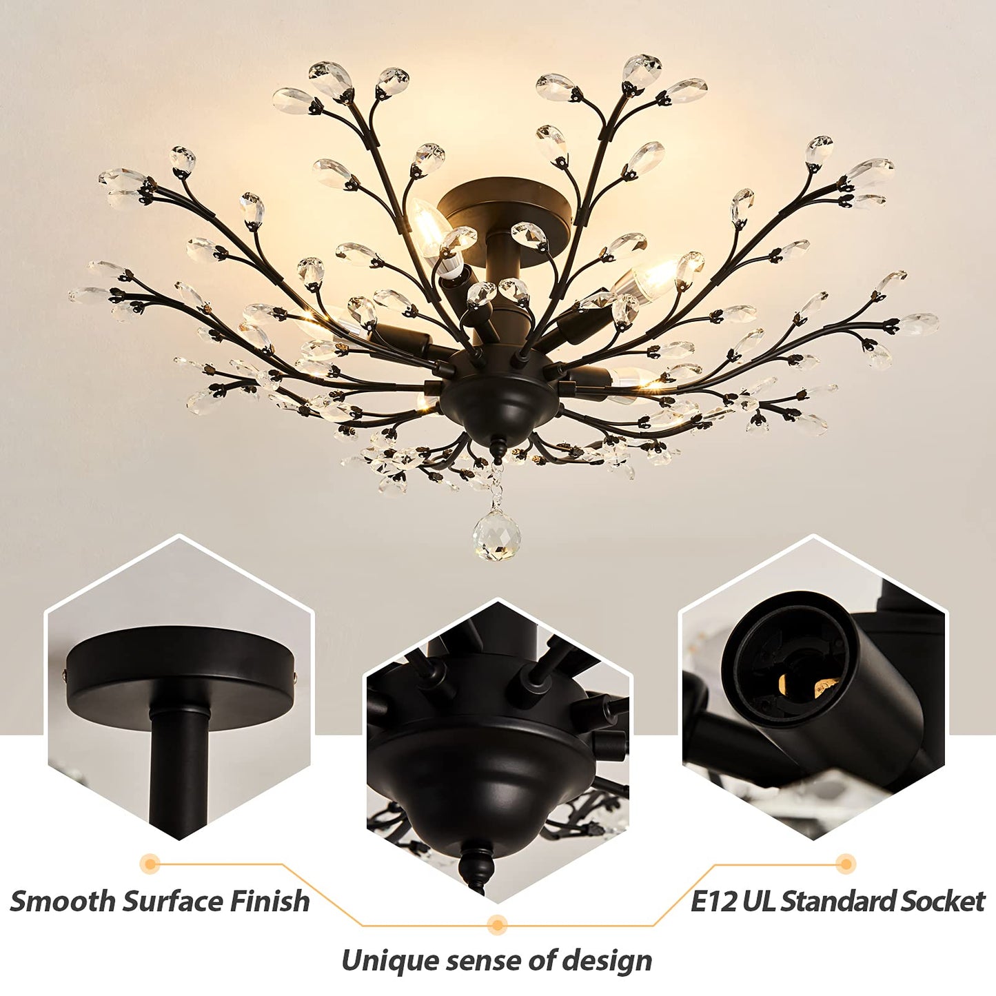CVKASH 5 - Light Vintage Small Crystal Chandelier Modern Semi Flush Mount Ceiling Light Fixture Chandelier Lighting for Kitchen Bedroom Living Room Dining Room Hallway Foyer（Black）
