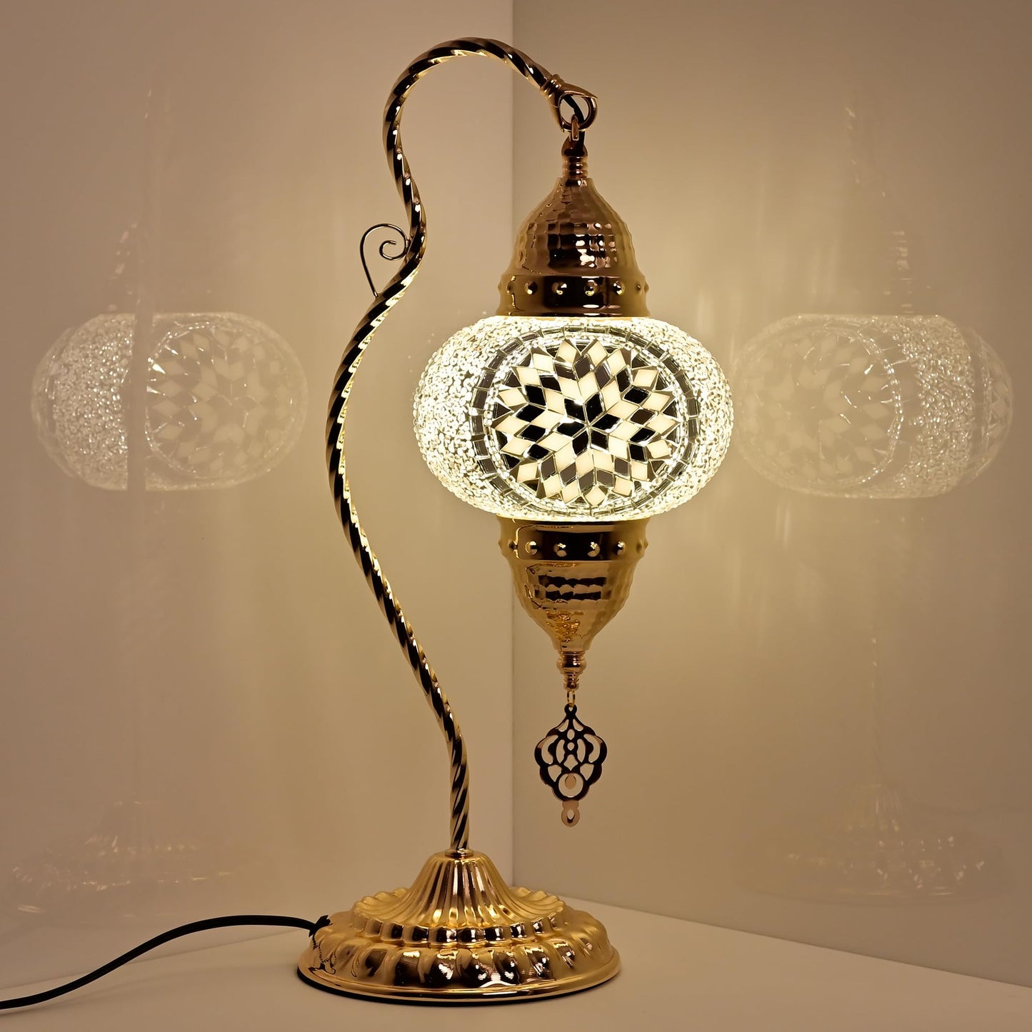 GOGERS Turkish Mosaic Table Lamp, Moroccan Style Swan Neck Bedside Lamp with Handmade Glass Shade, LED Bulb Included, Warm Ambient Decorative Accent Lamp for Bedroom, Living Room, Nightstand (White)